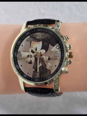 Gold Tone Mickey Mouse Face Watch with Black Strap